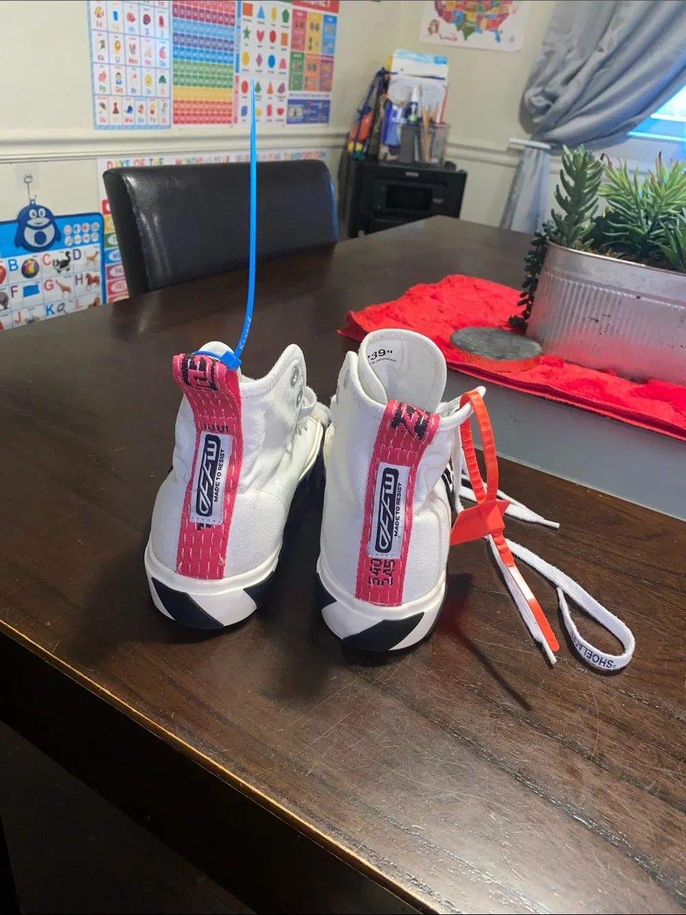 Off-White White and Black Canvas High-Top Sneakers with Orange Tag